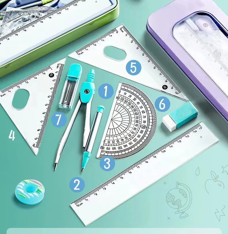 A set of seven geometry tools including a compass, ruler, and protractor laid out on a green surface.