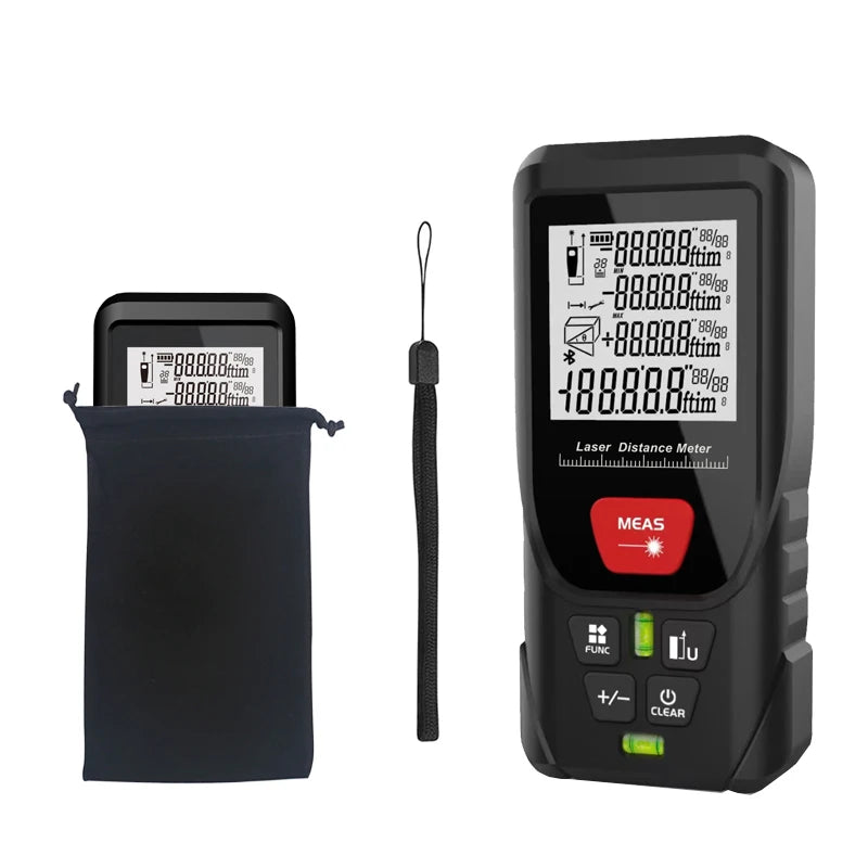 A black precision laser rangefinder tool with a display and a separate measuring probe.