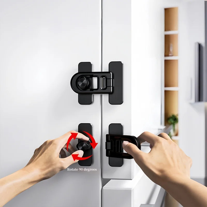 A hand is shown rotating a black refrigerator door lock mechanism on a white appliance door.