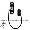 A black adjustable cabinet and window safety lock with a flexible cable and mounting hardware.