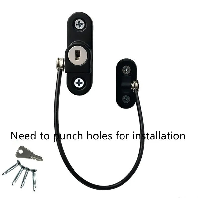 A black adjustable cabinet and window safety lock with a flexible cable and mounting hardware.