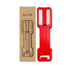 A red magnetic spray can holder with a cardboard box labeled Jue Fish.