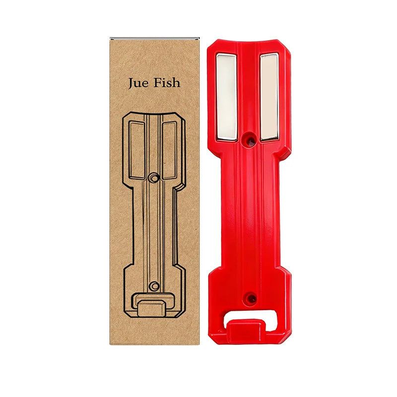 A red magnetic spray can holder with a cardboard box labeled Jue Fish.