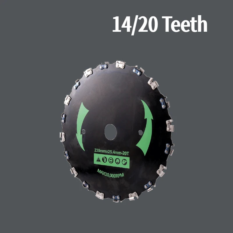 Gros plan d'une lame de scie à dents 14/20 pour tondeuse, montrant les dents et les spécifications.