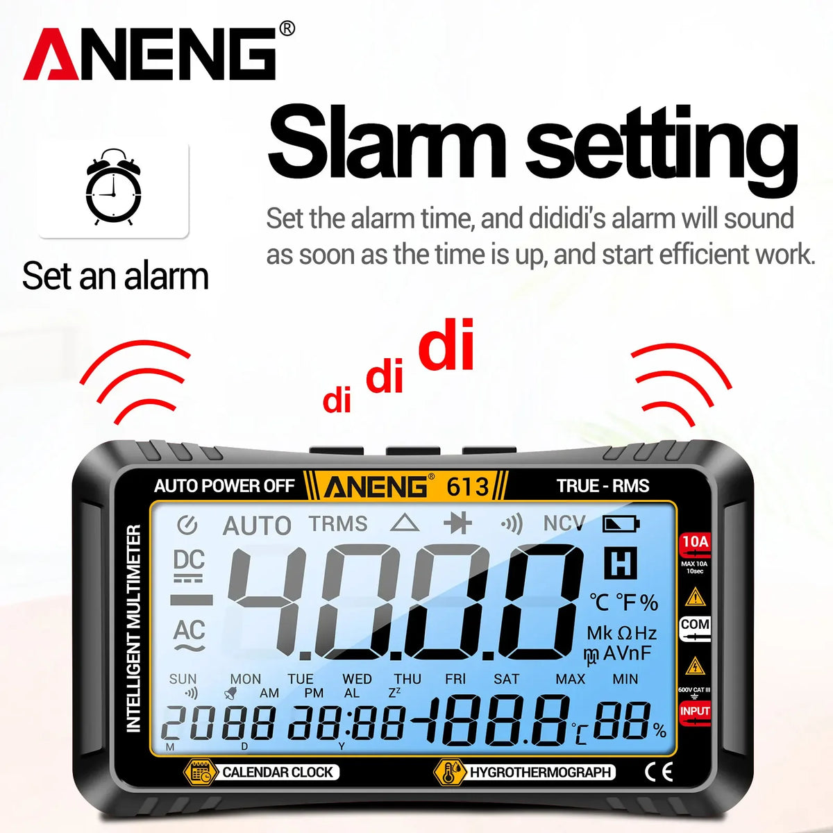 ANENG 613 intelligent digital multimeter showing a timer and battery indicator.