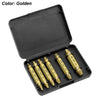A black plastic case containing several gold-colored heavy-duty screw extractors.