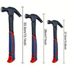 A set of three black claw hammers with blue and orange grips shown vertically.