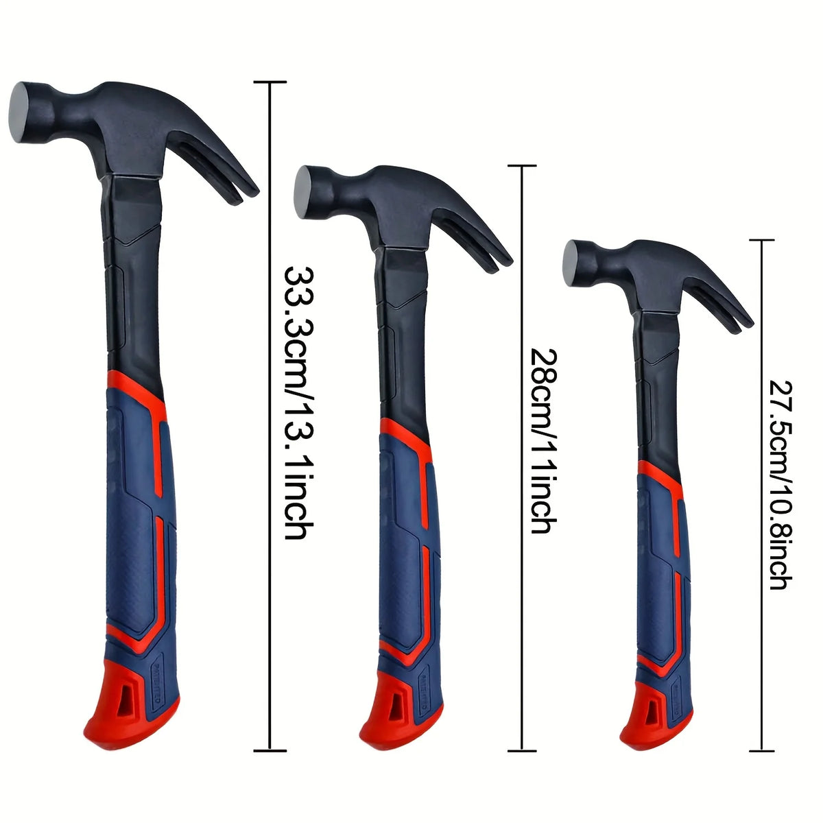 A set of three black claw hammers with blue and orange grips shown vertically.