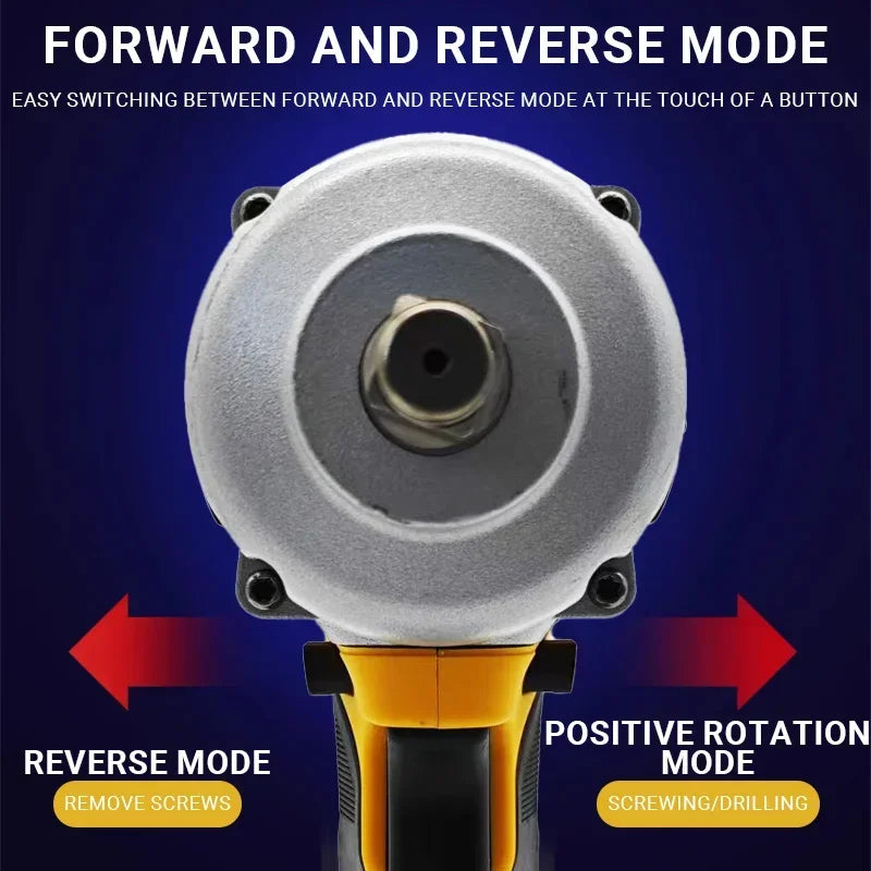 A close-up view of a tool head with a switch for forward and reverse mode, showing options for reverse and positive rotation.