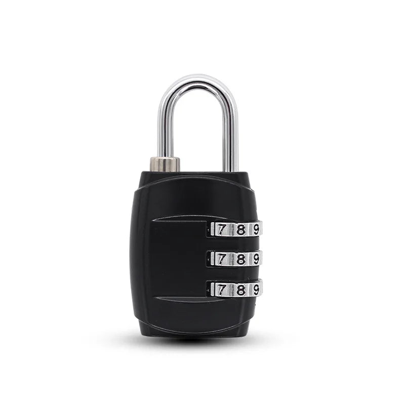 A black dial password luggage lock with a silver shackle and combination dials.
