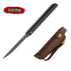 A black folding knife with a dark gray blade and a brown leather sheath.