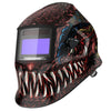 A dark red and black auto-darkening welding helmet featuring a fierce dragon face design.