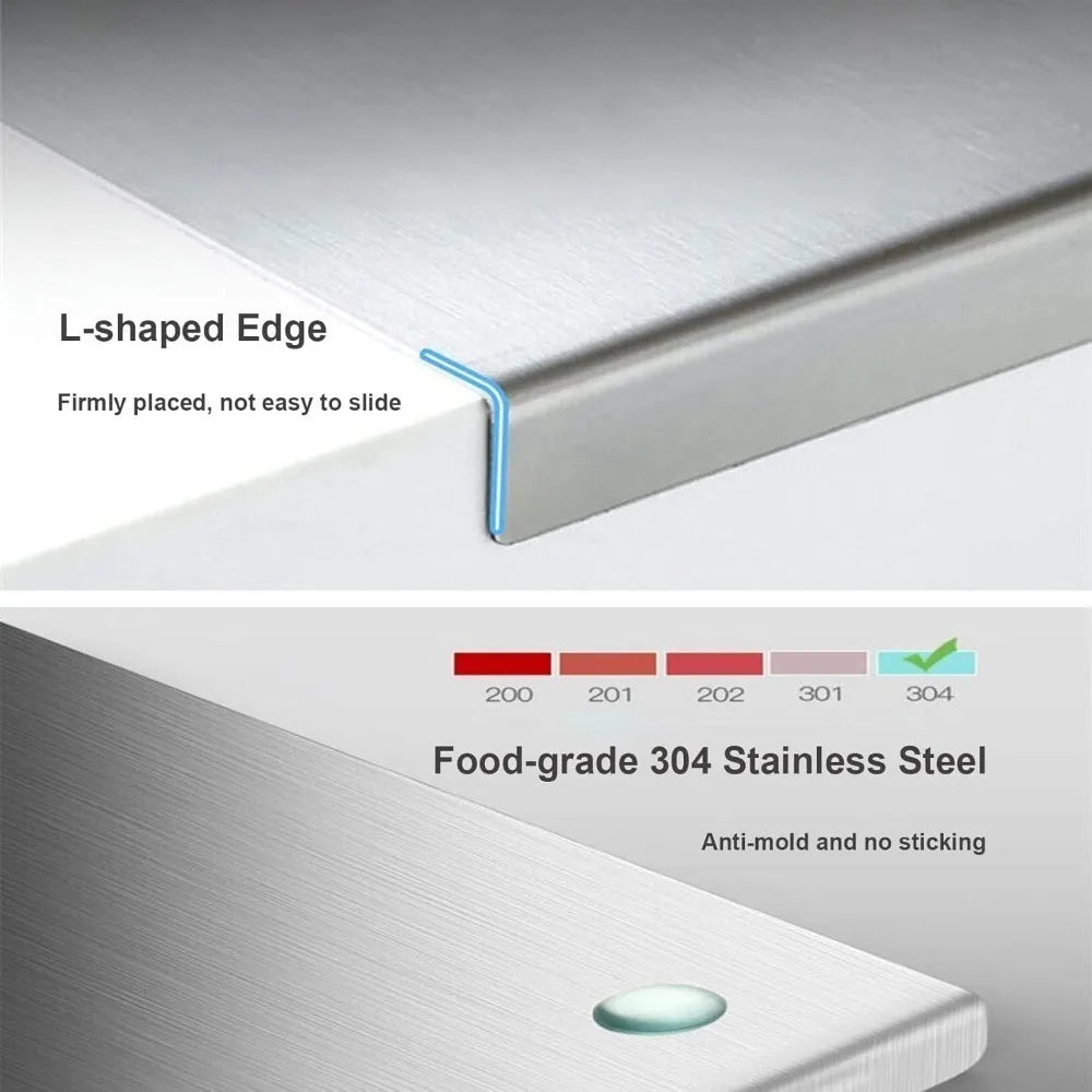 Close-up of a food-grade 304 stainless steel cutting board with an L-shaped edge and anti-mold finish.