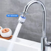 A close-up of a chrome faucet with a white filter attachment showing water flow, highlighting 360° rotation capability.