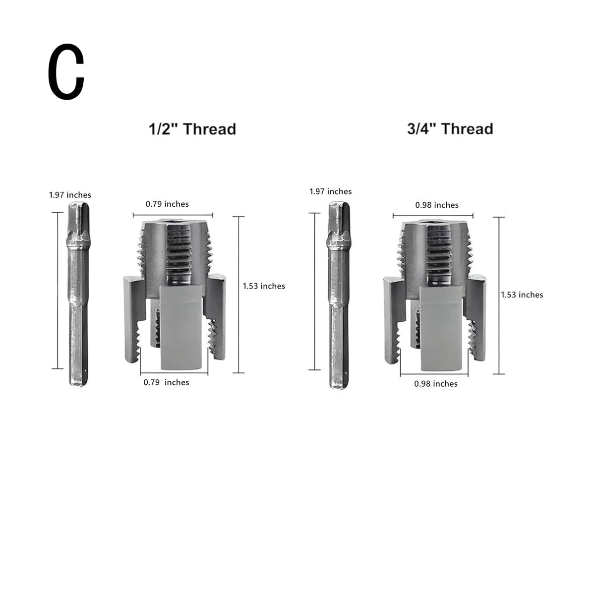Comparison of 1/2 inch and 3/4 inch thread cutting tools for electric drill.