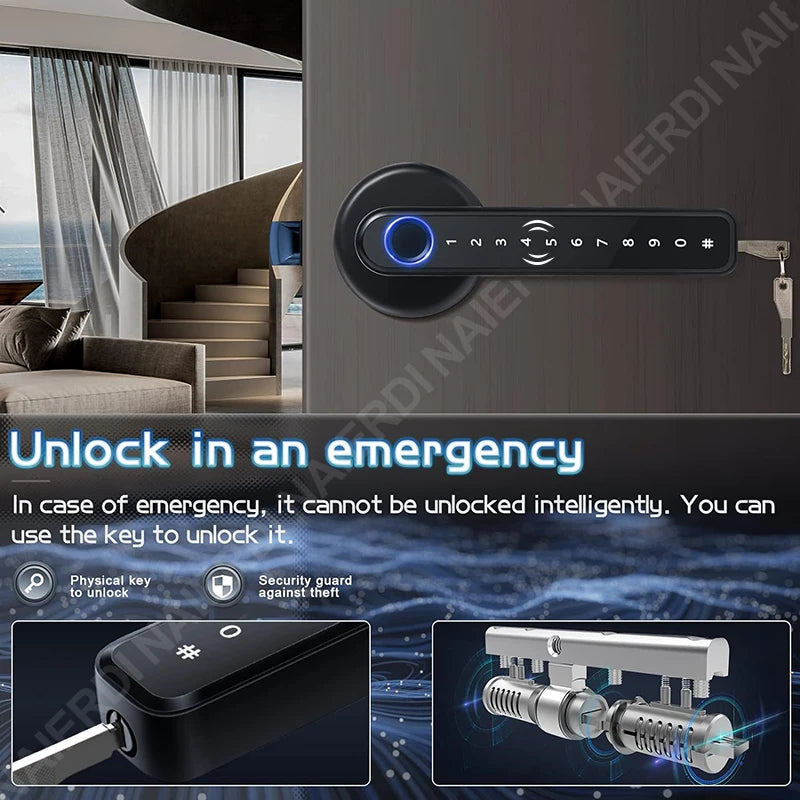 A close-up of a smart fingerprint door lock mechanism and a physical key for emergency unlocking.