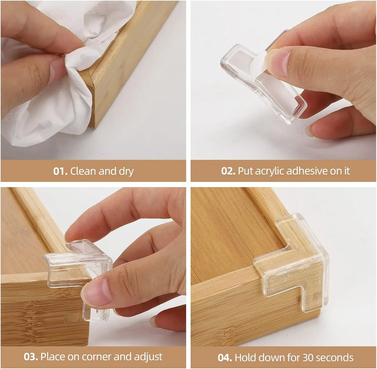 Step-by-step guide showing how to apply and place a silicone corner edge protector on a wooden board.