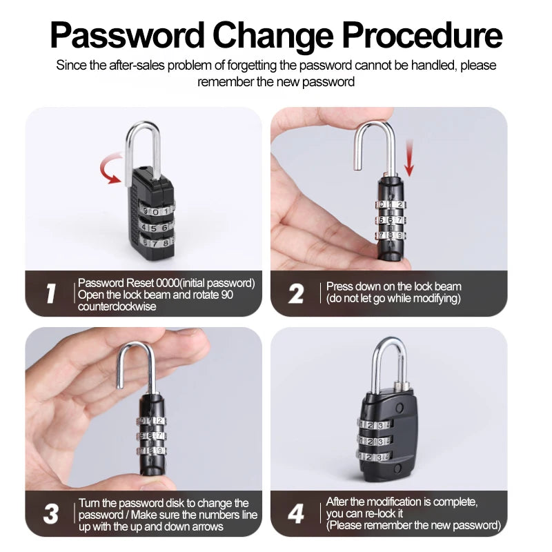 A four-step procedure for changing the password on a luggage lock using a key and a disk.