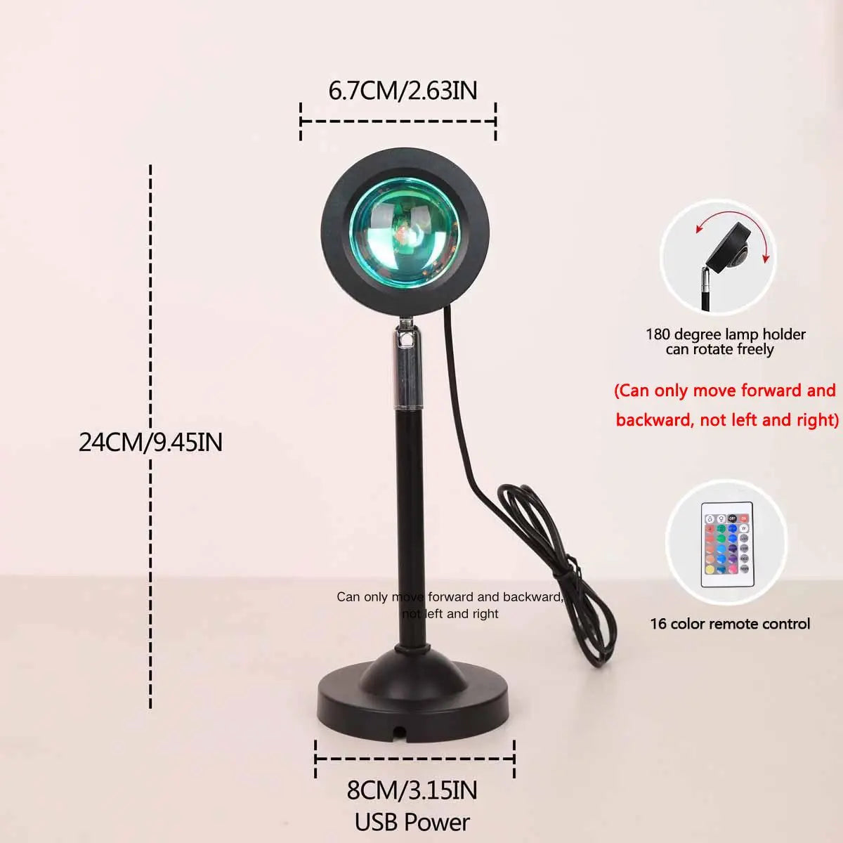 Lampe de poche projection coucher de soleil LED noire avec objectif de 6,7 cm et base de 8 cm, avec télécommande 16 couleurs.