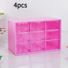A pink multi-compartment drawer organizer with twelve clear plastic drawers is shown on a white surface.