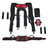 Black and red adjustable tool belt suspenders with a pouch bag and a tool belt.