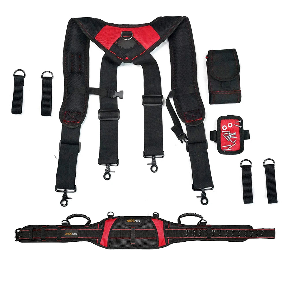Black and red adjustable tool belt suspenders with a pouch bag and a tool belt.