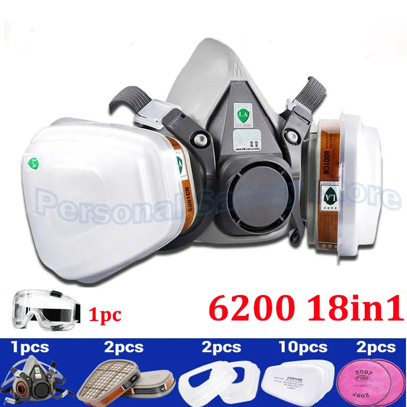 A set of half-face respirator and safety goggles for painting and work, including various sizes and pieces.