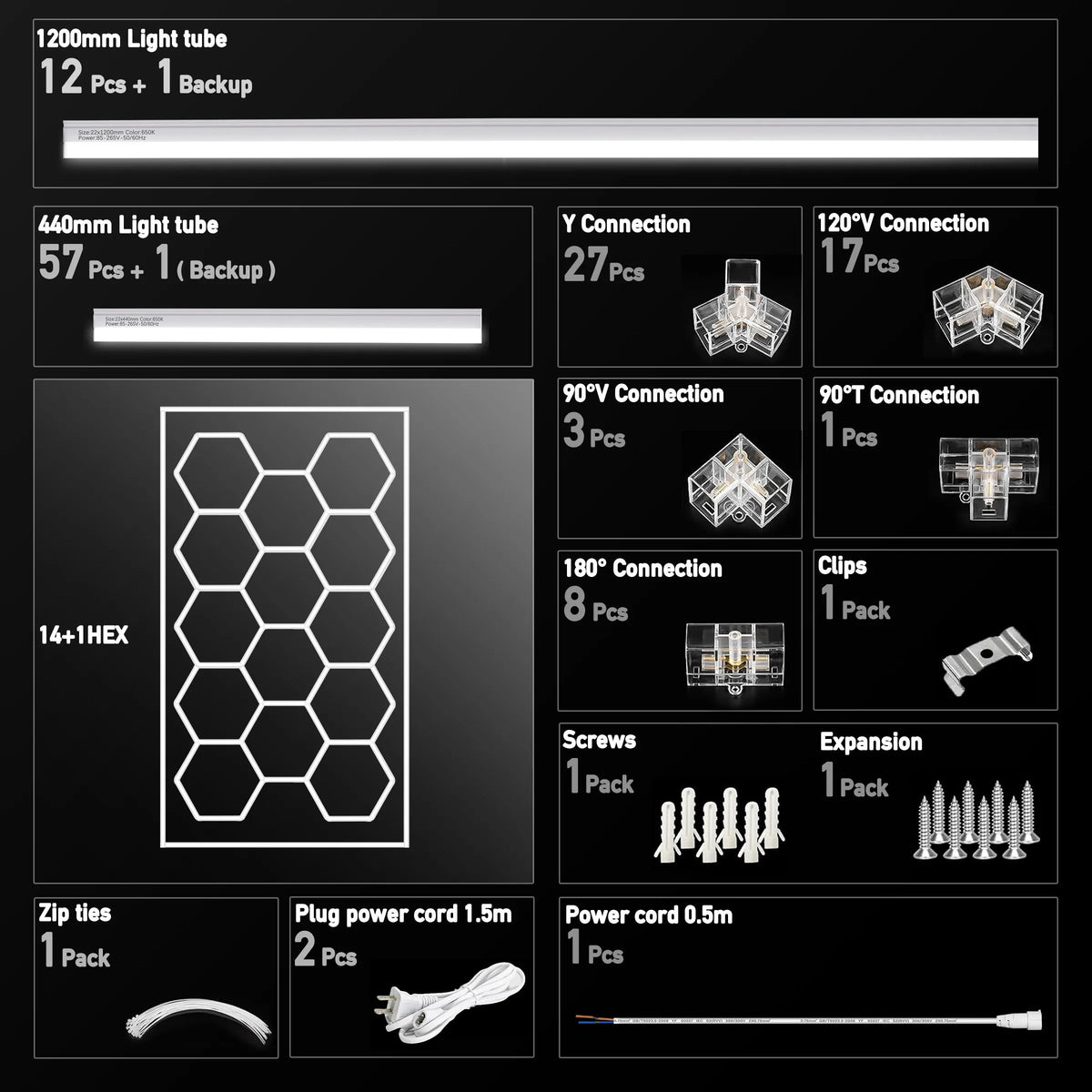 A collection of 1200mm and 440mm light tubes, hexagonal connectors, screws, and power cords for an LED ceiling light kit.
