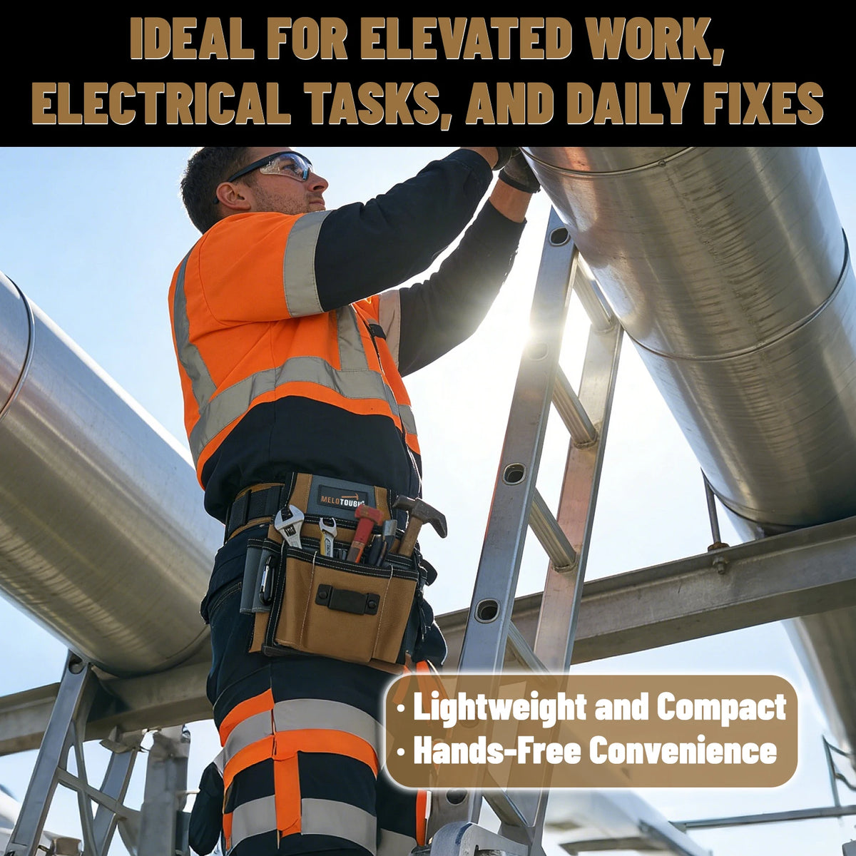A worker in an orange safety vest is using a multi-pocket tool organizer pouch to perform elevated electrical work.