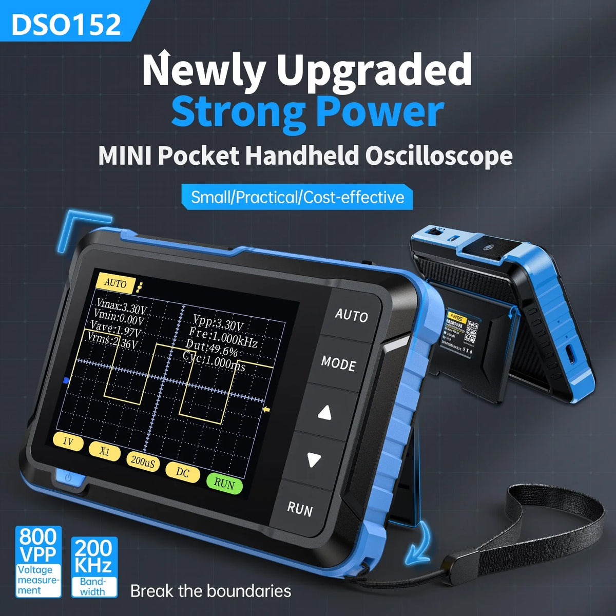 A blue mini pocket handheld oscilloscope device is shown with various settings displayed on its screen and an attached cable.