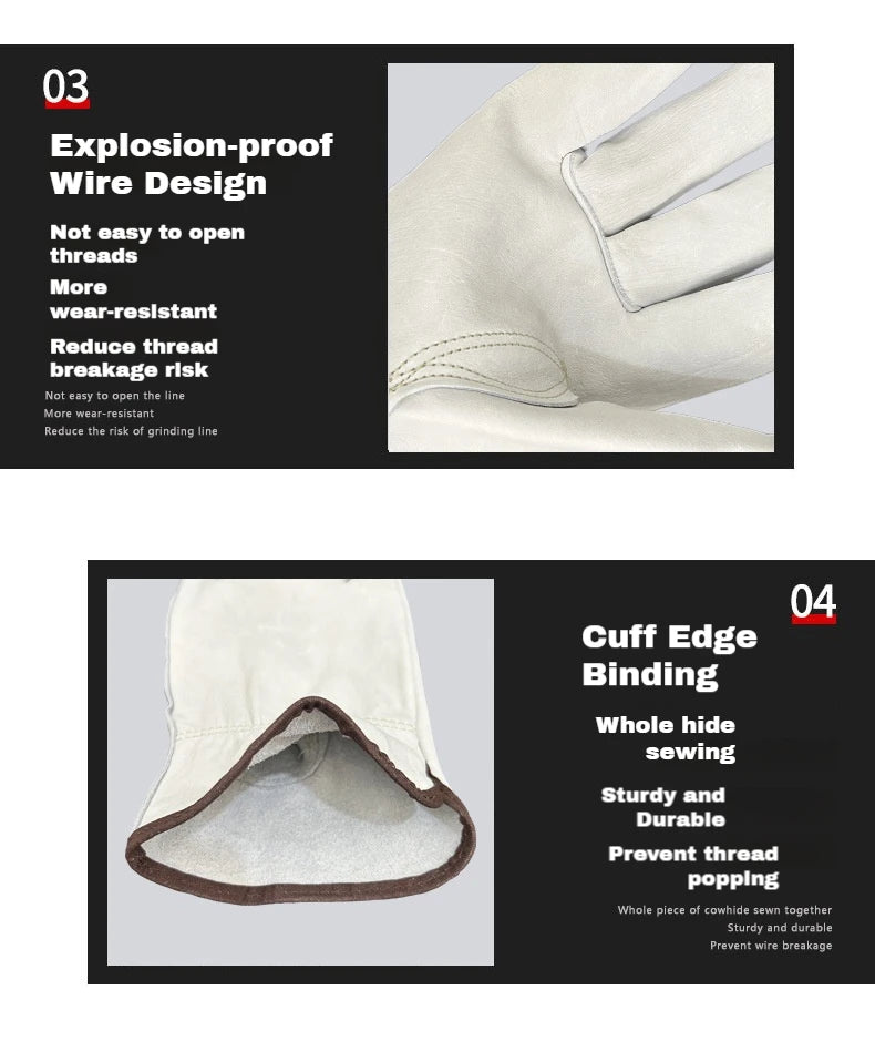 Nahaufnahme eines hellen Lederhandschuhs mit explosionssicherem Drahtdesign und Manschettenranddetails.