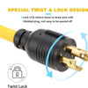 Close-up of a black and yellow generator to welder power adapter cord with a twist lock design.