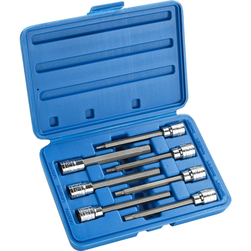 A blue plastic case containing a set of precision hex socket bits for drill and repair.
