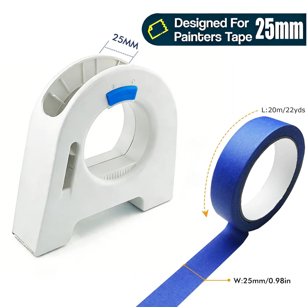 White precision painters tape applicator with a blue handle and a roll of 25mm painter's tape.