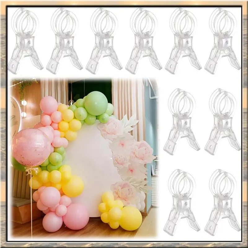 Transparent spring clamps used to secure balloons in an arch display