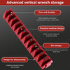 A red vertical wrench storage organizer designed for disassembly and featuring a slot design.