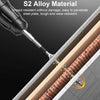 A close-up view of an S2 Alloy Material screwdriver bit penetrating a metal plate and engaging with a brick surface.