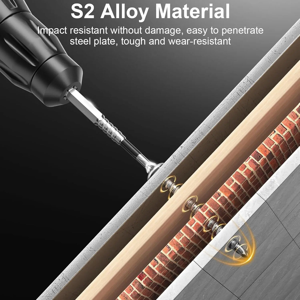 A close-up view of an S2 Alloy Material screwdriver bit penetrating a metal plate and engaging with a brick surface.