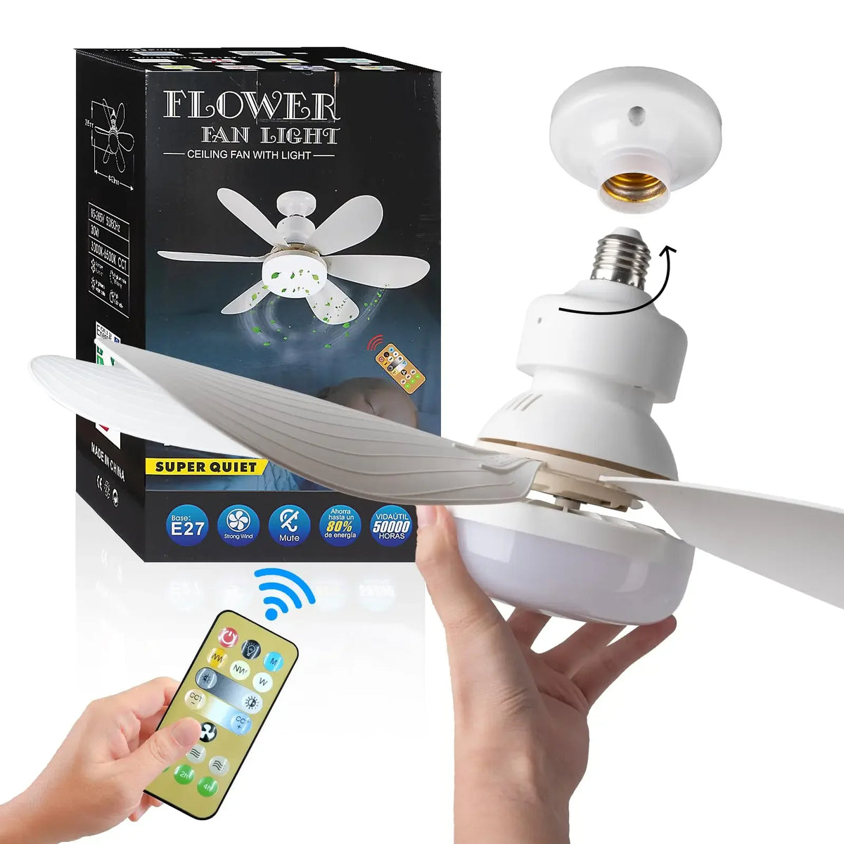 Conjunto de luz de ventilador de techo blanco y un control remoto mostrados contra una caja de producto.