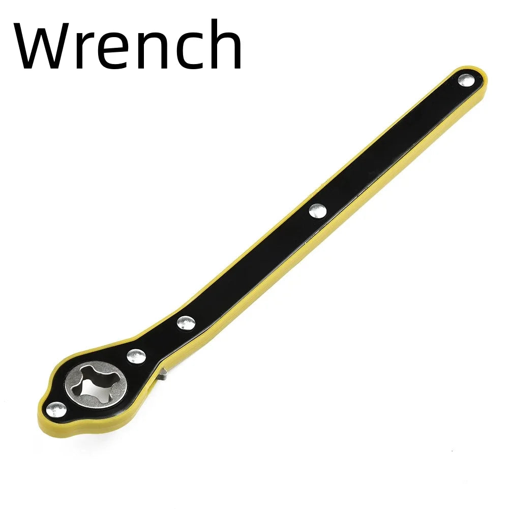 A black and gold heavy-duty car jack ratchet wrench is shown diagonally.