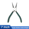 A pair of precision carbon steel circlip pliers with green handles and a straight opening.