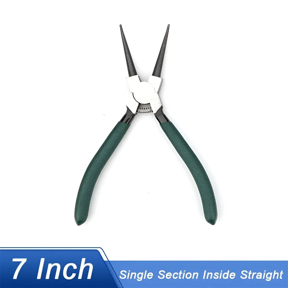 A pair of precision carbon steel circlip pliers with green handles and a straight opening.