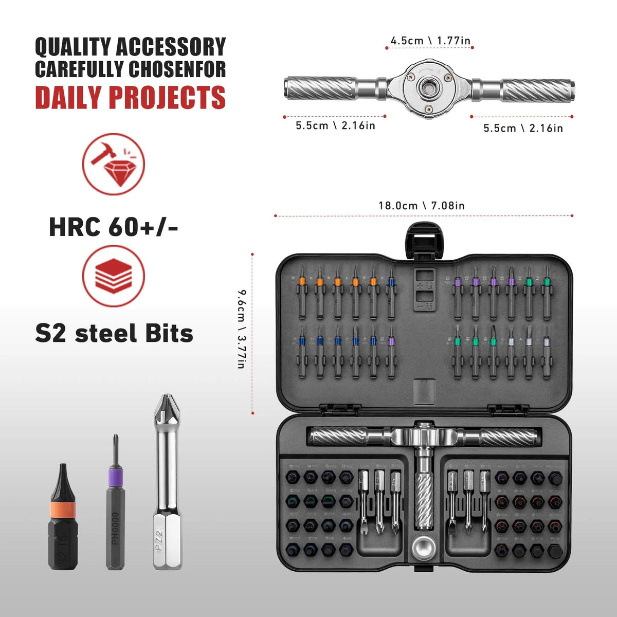 A precision multi-bit screwdriver set featuring S2 steel bits and a magnetic ratchet tool.