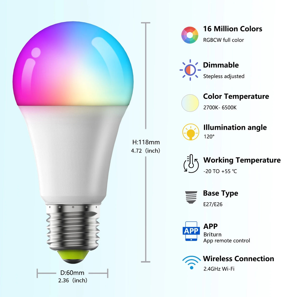 A white smart LED bulb with a colorful gradient, featuring dimmable light and wireless Wi-Fi connection.