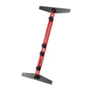 A red adjustable stair tread measuring jig with a black ruler and mounting hardware.