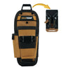 A tan tool pouch with a black quick release belt clip and a yellow arrow pointing to the clip.