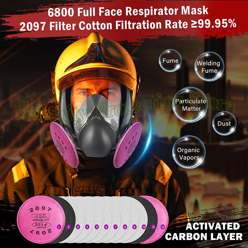Una máscara respiratoria amarilla de cara completa se muestra en una persona, con una capa de carbón activado visible debajo.