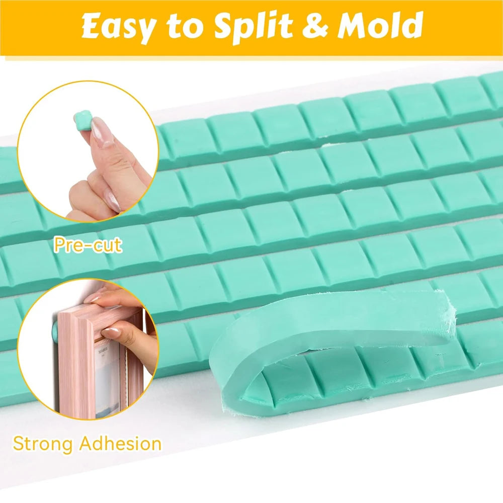 A hand demonstrates splitting and molding a teal nail glue clay product, showing pre-cut pieces and strong adhesion.