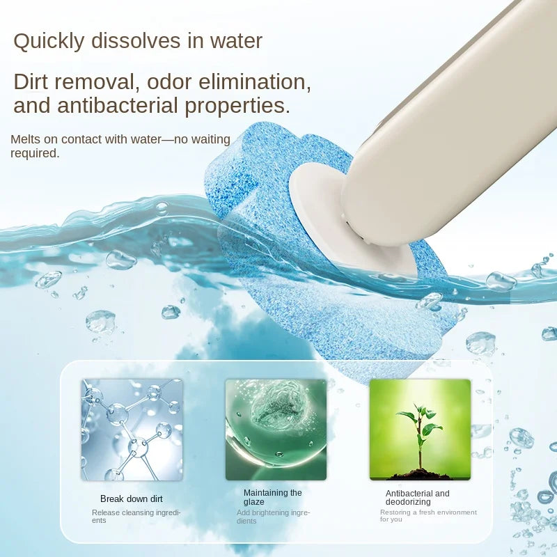 A white toilet brush is shown dissolving in water, demonstrating its quick dissolving properties for dirt removal and odor el