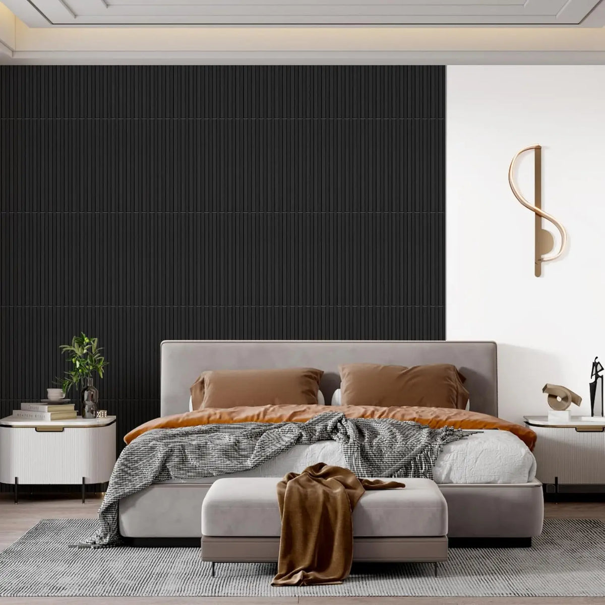 A modern bedroom featuring a bed with neutral bedding and gray textured throw on a light gray upholstered frame.